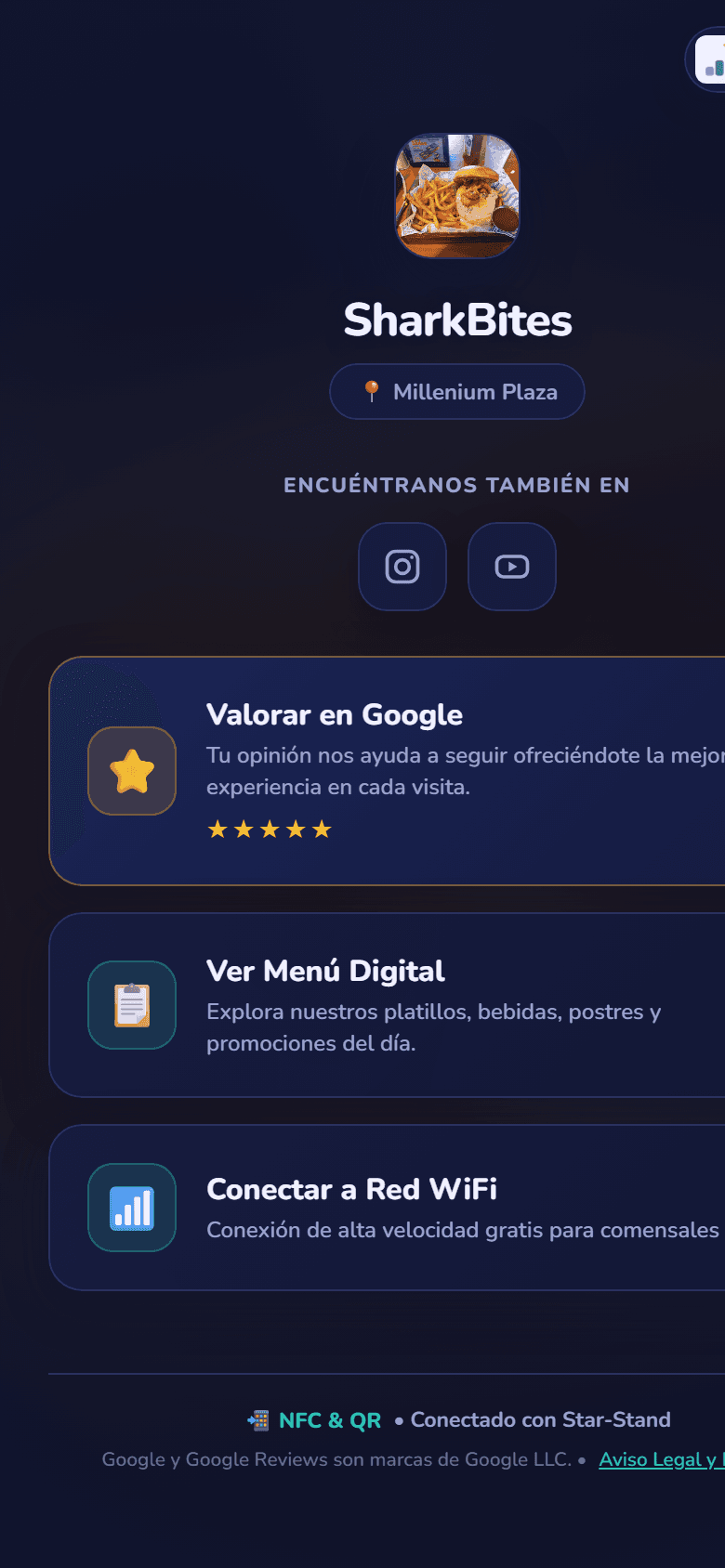 Portal móvil real de un restaurante abierto desde un stand o sticker Star-Stand